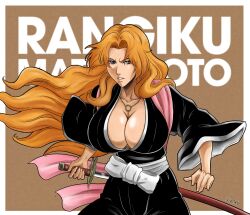 1girl alternate_hair_color artist_name bleach blue_eyes border breasts chain chain_necklace collarbone female_focus holding holding_sword holding_weapon ivizard_art93 japanese_clothes jewelry large_breasts long_hair matsumoto_rangiku mole mole_under_mouth necklace orange_hair parted_bangs parted_lips pink_shawl shawl shihakusho shiny_skin simple_background sword upper_body weapon white_border zanpakutou