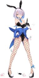 1girl absurdres animal_ears arm_behind_back arm_strap between_breasts beyblade black_gloves black_leotard black_shoes blue_eyes blue_hair blue_jacket breasts card closed_mouth colored_inner_hair commentary_request fake_animal_ears fishnet_pantyhose fishnets full_body gloves grey_hair highres jacket jacket_partially_removed leotard leotard_pull looking_at_viewer mouth_hold multicolored_hair necktie necktie_between_breasts pantyhose playboy_bunny playing_card rabbit_ears ryo_(ryo_skrdi) sainen_yuko shoes short_hair small_breasts smile solo standing strapless strapless_leotard
