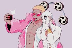 2boys bandana blonde_hair bunniboiz cellphone coat donquixote_doflamingo donquixote_pirates_jolly_roger drum earrings enel fingernails holding holding_phone instrument jewelry long_earlobes long_fingernails looking_at_object male_focus multiple_boys muscular muscular_male nipple_piercing one_piece open_clothes open_shirt phone piercing pink_coat selfie shirt short_hair smartphone smile sunglasses tomoe_(symbol) tongue tongue_out topless_male upper_body white_bandana white_shirt