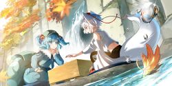 2girls animal_ears autumn_leaves backpack bag blue_eyes blue_hair blue_shirt blue_skirt board_game breasts closed_mouth collared_shirt commentary detached_sleeves english_commentary falling_leaves flat_cap frilled_shirt_collar frills game_cg green_bag green_hat grey_hair hair_bobbles hair_ornament hat highres inubashiri_momiji kawashiro_nitori key leaf medium_hair midriff multiple_girls official_art outdoors red_hat shirt shogi shogi_piece short_hair sitting skirt smile sweatdrop tail third-party_source tokin_hat touhou touhou_lostword two_side_up water water_drop waterfall wolf_ears wolf_girl yukimaru_nun