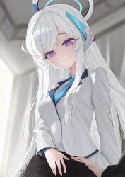 1boy 1girl absurdres blue_archive blush breasts commentary eyelashes halo hand_on_another&#039;s_head highres indoors jacket lap_pillow long_hair necktie noa_(blue_archive) purple_eyes sensei_(blue_archive) shirt smile ubeuna white_hair white_shirt
