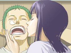 1boy 1girl alternate_hair_color artist_request blue_hair blunt_bangs closed_eyes earrings green_hair jewelry kiss kissing_cheek medium_hair nico_robin one_piece open_mouth outdoors purple_shirt roronoa_zoro shirt short_hair single_earring sleeping teeth third-party_source white_shirt