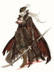Rule 34 | 1girl, ascot, black cloak, black coat, black hat, black ribbon, blood, blood on clothes, bloodborne, boots, brown boots, cloak, coat, full body, grey hair, hair ribbon, hat, highres, holding, holding weapon, lady maria of the astral clocktower, long coat, long hair, low ponytail, mmariesr, pale skin, parted bangs, ponytail, rakuyo (bloodborne), ribbon, sketch, solo, tricorne, weapon, white ascot, white background