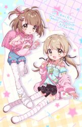 2girls ahoge backpack bag bandaid bandaid_on_leg black_skirt blonde_girl_(0113miko) blonde_hair blue_shirt blue_shorts bow brown-haired_girl_(0113miko) brown_eyes brown_hair child clover commentary_request commission fashion four-leaf_clover hair_ornament handbag heisei_retro jacket jewelry kurousa long_hair looking_at_viewer loose_socks low_twintails multiple_girls necklace one_side_up open_clothes open_jacket original pantyhose pink_arm_warmers pink_jacket pink_shirt print_pantyhose print_shirt rabbit_hair_ornament raicha_(rdml_chashi) randoseru sanrio shirousa_(sugarbunnies) shirt short_hair shorts skeb_commission skirt socks striped_clothes striped_thighhighs sugarbunnies thighhighs twintails