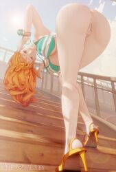 1girl 3d aequd anus ass ass_focus bent_over bikini boosty_username bottomless breasts from_below high_heels highres large_breasts legs long_hair long_legs nami_(one_piece) one_piece orange_hair patreon_username presenting pussy pussy_focus sky solo sun swimsuit uncensored