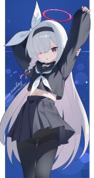 1girl absurdres black_eyes black_hairband black_pantyhose black_shirt blue_archive cowboy_shot grey_hair hairband halo highres long_hair midriff momobug22 navel open_mouth pantyhose plana_(blue_archive) pleated_skirt red_halo red_pupils shirt skirt solo