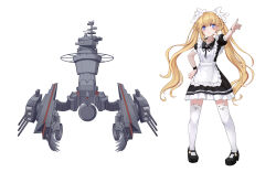 absurdres bad_tag blonde_hair blue_eyes braid chenran_tiantang chinese_commentary highres long_hair original pointing red_star school_uniform shoes soviet_school_uniform star_(symbol) steelblue_mirage thighhighs twin_braids white_thighhighs