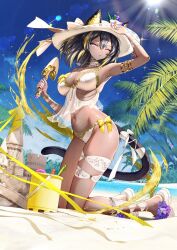 1girl beach character_request copyright_request dark_skin groin navel ocean sand sand_castle sand_sculpture tag tagme tarutaru_yamaoka