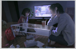 1boy 1girl absurdres analog_clock backpack bag black_hair black_pants black_skirt box cabinet calendar_(object) camera cardboard_box chromatic_aberration clock closed_eyes coffee_table commentary_request controller cup cushion disposable_cup drawstring drink drinking_straw figure glass_table hand_on_own_cheek hand_on_own_face highres hood hood_down hoodie kyano_(kyanora3141) leaning_forward light_particles light_smile lock long_sleeves looking_at_viewer medium_hair news newspaper original pants photo_inset pink_hoodie plaid_clothes plaid_skirt plant potted_plant randoseru red_bag red_eyes remote_control seiza shirt sitting skirt strap table tablet_pc television tissue_box used_tissue white_shirt white_sleeves wooden_floor zabuton