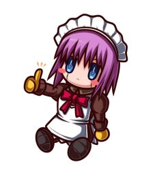 1girl blue_eyes blush bow chibi dress light_frown maid maid_headdress mecha_hisui melty_blood pink_hair purple_hair red_bow robot short_hair sitting solo thumbs_up tsukihime white_background zeon132