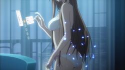 anime_screenshot ass asuna_(sao) bow bow_panties bra brown_hair clothes_disappearing frilled_bra frills from_behind highres long_hair non-web_source panties pink_ribbon ribbon sword_art_online underwear undressing white_bra white_panties
