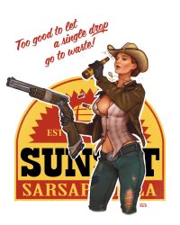 belt blue_eyes bottle break_action breasts cleavage cowboy_hat deltamagna denim drinking english_text fallout:_new_vegas fallout gun hat highres holding holding_bottle jacket jeans jewelry large_breasts lipstick looking_at_viewer makeup necklace open_clothes open_jacket pants red_hair root_beer rose_of_sharon_cassidy shotgun shotgun_shell signature sunset_sarsaparilla unbuttoned weapon white_background