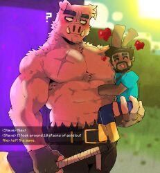 Rule 34 | 2boys, ?, abs, absurdres, animal ears, axe, baby carry, bara, blurry, blurry background, box body, carrying, closed eyes, cowboy shot, dark-skinned male, dark skin, earrings, eyebrow piercing, face piercing, fingerless gloves, gloves, heart, highres, holding, holding axe, huge eyebrows, jewelry, makota toh, male focus, minecraft, minecraft axe, multiple boys, nether portal, outdoors, pants, pectorals, piercing, pig boy, pig ears, pig nose, piglin, piglin brute, pixel heart, pixel text, reverse grip, scar, scar on chest, scar on chin, scar on face, size difference, steve (minecraft), strongman waist, topless male, torn clothes, torn pants, tusks, twitter username, yaoi