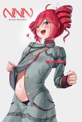 1girl ahoge black_panties blush drill_hair grey_jacket grey_skirt heart highres ika--1024 jacket kasane_teto kasane_teto_(sv) navel no_nut_november open_mouth panties panty_peek partially_unbuttoned partially_unzipped red_eyes red_hair red_trim shoulder_belt skirt solo synthesizer_v twin_drills underwear utau