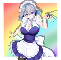apron between_fingers black_pantyhose blue_eyes braid breasts grey_hair highres holding holding_knife izayoi_sakuya knife knives_between_fingers kou_(inaba) large_breasts maid maid_apron maid_headdress pantyhose rainbow_background smile touhou twin_braids waist_apron