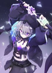 1girl bandaid bandaid_on_cheek bandaid_on_face bandaid_on_nose black_jacket black_pants chest_jewel grey_hair hair_flaps hair_ornament hairpin highres holding holding_sword holding_weapon hololive hololive_english hood hooded_jacket jacket jewel_under_eye koseki_bijou koseki_bijou_(casual) looking_at_viewer nail_polish official_alternate_costume official_alternate_hair_length official_alternate_hairstyle pants purple_eyes purple_nails short_hair solo sword tomato_(sword) virtual_youtuber weapon yayilu