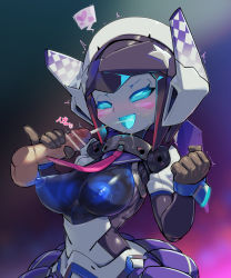 Rule 34 | 1boy, 1girl, :d, ^^^, ahegao, bar censor, blue eyes, blue sclera, blush, blush stickers, breasts, censored, colored sclera, colored skin, cum, cum in mouth, dia (world flipper), disembodied penis, handjob, hetero, leotard, mechanical skirt, medium breasts, nipples, open mouth, penis, perky breasts, pinky out, pochincoff, projectile cum, robot ears, rolling eyes, skirt, smile, solo focus, testicles, twitching penis, upper body, white skin, world flipper