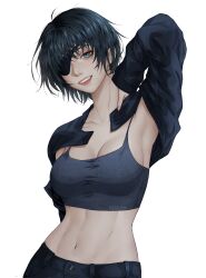 1girl abs absurdres arm_up armpits artelsia black_hair black_jacket black_pants blue_bra blue_eyes blue_sports_bra bra breasts chainsaw_man cleavage collarbone cropped_jacket eyepatch eyeshadow grin hand_on_own_neck head_tilt highres himeno_(chainsaw_man) jacket large_breasts lipgloss long_sleeves looking_at_viewer makeup mature_female midriff narrow_waist navel one_eye_covered open_clothes open_jacket pants red_eyeshadow red_lips short_hair sideboob sidelocks signature simple_background smile solo sports_bra underwear white_background