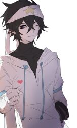 Rule 34 | 1boy, ;), aotu world, asymmetrical gloves, bandana, black gloves, black hair, black shirt, chaaaaji, chinese commentary, closed mouth, drawstring, finger heart, gloves, hair between eyes, hand in pocket, headband, heart, highres, hood, hood down, hoodie, looking at viewer, male focus, one eye closed, pointy ears, purple eyes, ray (aotu world), shirt, short hair, simple background, smile, solo, star (symbol), turtleneck, upper body, white background, white gloves, white headband, white hoodie