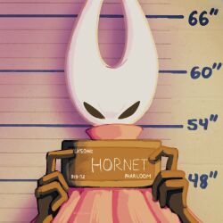 1girl alicezakat arthropod_girl artist_name barbie_(franchise) barbie_(live_action) black_eyes black_skin blank_eyes character_name cloak colored_skin copyright_name derivative_work female_focus furrowed_brow half-closed_eyes hands_up height high_collar highres holding holding_sign hollow_knight hollow_knight:_silksong hornet_(hollow_knight) looking_at_viewer mugshot red_cloak sign solo straight-on upper_body watermark