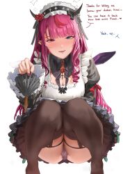 1girl absurdres black_thighhighs blue_eyes blunt_bangs breasts chest_bow commentary drill_hair duster english_commentary english_text frills heterochromia highres holding holding_duster hololive hololive_english horns implied_after_masturbation irys_(hololive) irys_(maid)_(hololive) juliet_sleeves large_breasts long_hair long_sleeves looking_at_viewer maid maid_headdress multicolored_hair official_alternate_costume official_alternate_hairstyle open_mouth panties pink_hair pink_nails pointy_ears pov puffy_sleeves purple_eyes red_hair smile solo squatting stained_panties streaked_hair tanukidraws thick_thighs thighhighs thighs underwear virtual_youtuber white_background