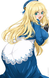 1girl ass atago_(kancolle) beret black_gloves blonde_hair blue_hat blush breasts chamumi_(mochiumee) commentary gloves green_eyes hat highres kantai_collection large_breasts long_hair looking_at_viewer looking_back military military_uniform open_mouth solo underwear white_background