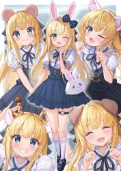 1girl :d akabane_(zebrasmise) animal_bag animal_ear_fluff animal_ear_headwear animal_ears bear_ears black_bow black_dress black_footwear black_ribbon blonde_hair blush bow cat_ears closed_eyes dog_ears dress fake_animal_ears full_body giraffe_ears green_eyes heart heart_o-ring highres kneehighs long_hair mononobe_alice multiple_views nijisanji o-ring o-ring_thigh_strap one_eye_closed open_mouth paw_pose pinafore_dress polka_dot polka_dot_bow puffy_short_sleeves puffy_sleeves rabbit_bag rabbit_ears ribbon shirt shoes short_sleeves sleeveless sleeveless_dress smile socks thigh_strap virtual_youtuber white_shirt white_socks