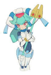 Rule 34 | 1girl, armor, cowboy shot, crotch plate, forehead jewel, green eyes, helmet, highres, holding, holding staff, long hair, mayutsuba mono, mega man (series), mega man zx, model w (mega man), red eyes, simple background, solo, staff, white armor, white background, white helmet
