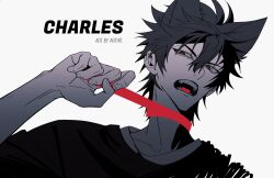 animal_ears black_hair cheng_xiaoshi collarbone dog_ears extra_ears fangs greyscale hair_between_eyes hand_up highres kemonomimi_mode looking_at_viewer male_focus monochrome mrsseven745 open_mouth shiguang_dailiren shirt short_hair simple_background spot_color upper_body