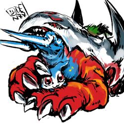 artist_name body_fur chibimon digimon digimon_(creature) green_hair helmet oden_(odenzzi) red_eyes red_fur sethmon sharp_teeth simple_background teeth white_background