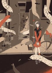1girl absurdres animal bag bicycle bicycle_basket black_eyes closed_mouth commentary door dress eel fish grey_hair greyscale highres huge_filesize long_sleeves looking_at_viewer mitsuki_sanagi monochrome original red_dress shoes short_hair shoulder_bag socks solo spot_color stairs standing sweater_vest v_arms wide_shot