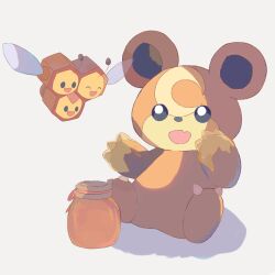 Rule 34 | black eyes, bright pupils, bug, claws, combee, fang, food, gen 2 pokemon, gen 4 pokemon, highres, honey, jar, nintendo, no humans, open mouth, pokemon, pokemon (creature), shadow, sitting, smile, solo, teddiursa, white pupils, wings