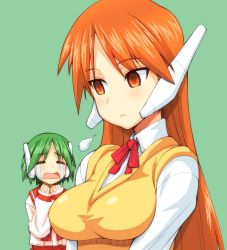 2girls puff_of_air blouse blush bow bowtie breasts closed_eyes closed_mouth crying crying_with_eyes_open dress_shirt frown green_background green_hair hagiya_masakage large_breasts light_blush long_hair looking_to_the_side multi_(to_heart) multiple_girls neck_ribbon open_mouth orange_eyes orange_hair pink_neckwear pink_shirt pink_skirt red_neckwear ribbon robot_ears school_uniform serafuku serio_(to_heart) shirt short_hair simple_background skirt snort sweater_vest t_t tears to_heart to_heart_(series) vest white_shirt wing_collar yellow_vest