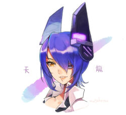 1girl black_necktie character_name collared_shirt commentary_request eyepatch hair_between_eyes headgear kantai_collection mogamiya_honu necktie orange_eyes parted_lips portrait purple_hair shirt short_hair signature simple_background solo tenryuu_(kancolle) white_shirt
