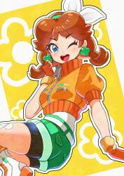 Rule 34 | 1girl, aqua shorts, artist name, ass, bandage on leg, bike shorts, bike shorts under shorts, blue eyes, bow, brown hair, cropped jacket, denim, denim shorts, earrings, fingerless gloves, flower earrings, gloves, gpyz7575, hair bow, highres, jacket, jewelry, mario (series), mario kart, mario kart world, nintendo, no crown, official alternate costume, official alternate hairstyle, one eye closed, open mouth, orange gloves, orange jacket, parted bangs, princess daisy, princess daisy (touring), puffy short sleeves, puffy sleeves, short sleeves, shorts, smile, solo, teeth, upper teeth only, white undershirt