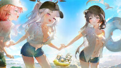 3girls absurdres ako_(blue_archive) baseball_bat beach bikini black_hair black_hat blue_archive blush breasts butterfly_hair_ornament commentary denim denim_shorts fangs hair_ornament hairclip halo hat highres hina_(blue_archive) holding holding_hands holding_swim_ring hoshino_(blue_archive) innertube kisaki_(blue_archive) long_hair looking_at_viewer multiple_girls navel nonomi_(blue_archive) off_shoulder open_clothes open_mouth open_shirt parted_bangs partially_unbuttoned pink_hair purple_eyes rubber_duck ryukatsukimiya shirt short_shorts short_sleeves shorts single_off_shoulder small_breasts stomach swim_ring swimsuit wet wet_clothes wet_shirt white_bikini white_hair white_hat white_shirt yellow_eyes