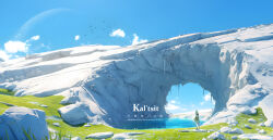 1girl animal_ear_fluff animal_ears arch arknights bird blue_sky cat_ears cat_girl character_name chinese_text cloud dress english_text full_body grass green_dress grey_hair high_heels highres ice icicle jacket kal&#039;tsit_(arknights) long_sleeves nid417 off-shoulder_dress off-shoulder_jacket off_shoulder pond scenery short_hair sky solo standing water wide_shot