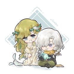 2girls :d black_boots black_gloves black_jacket blonde_hair blue_eyes boots chibi creature dress fang flower full_body gloves green_pants hair_flower hair_ornament hair_over_one_eye hand_on_own_knee highres holding holding_creature indian_style jacket leaf_hair_ornament long_dress long_hair looking_at_another multiple_girls open_mouth pants purple_eyes reverse:1999 scarf sitting skin_fang smile standing vila_(reverse:1999) white_background white_dress white_flower white_hair windsong_(reverse:1999) yellow_scarf youranzi