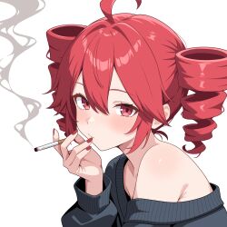 1girl absurdres ahoge cigarette drill_hair highres holding holding_cigarette kasane_teto looking_at_viewer red_eyes red_hair red_nails shiguren_39 smoke smoking solo sweater twin_drills utau white_background