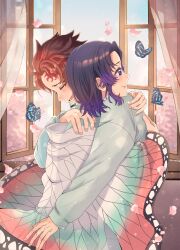 absurdres alternate_universe animal_print blush brown_wings butterfly_hair_ornament butterfly_print closed_eyes contemporary couple curtains demon_slayer_uniform floating_curtains floral_print flower good_end hair_ornament haori highres hug imminent_hand_holding japanese_clothes kamado_tanjirou kimetsu_no_yaiba kishimen_hair kochou_shinobu kuze_0131 lily_print open_window piggy_bank pleated_pants scar scar_on_face smile tabi updo window wings wisteria
