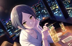 1girl blue_hair bracelet breasts cityscape cleavage cup drinking_glass earrings fire forehead fork game_cg hand_on_own_face hayami_kanade ice ice_cube idolmaster idolmaster_cinderella_girls idolmaster_cinderella_girls_starlight_stage jewelry necklace official_art plate smile solo table yellow_eyes