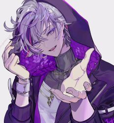 1boy arm_up black_shirt bracelet commentary_request crossed_bangs fuwa_minato fuwa_minato_(1st_costume) hair_between_eyes head_tilt highres hood hood_up hooded_jacket jacket jewelry lapels long_sleeves looking_to_the_side male_focus mappapaka multicolored_hair necklace nijisanji open_clothes open_jacket open_mouth outstretched_hand pink_hair purple_hair purple_jacket shirt sideways_glance simple_background smile solo streaked_hair teeth turtleneck two-sided_hood unzipped upper_body upper_teeth_only virtual_youtuber white_background white_shirt zipper