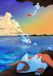 Rule 34 | animal focus, chimecho, claws, closed eyes, closed mouth, cloud, dock, fish, full body, gen 3 pokemon, gen 4 pokemon, gen 7 pokemon, highres, latias, latios, legendary pokemon, manaphy, mythical pokemon, nintendo, no humans, ocean, open mouth, outdoors, phione, pokemon, pokemon (creature), pokemon focus, red eyes, rokokolt, sky, sleeping, smile, sunset, water, wind chime, wings, wishiwashi, wishiwashi (solo)