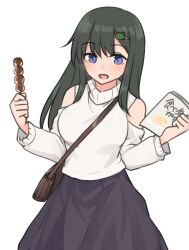 Rule 34 | 1girl, :d, alternate costume, alternate hair color, bag, bare shoulders, black hair, black skirt, blue eyes, blush, breasts, brown bag, casual, contemporary, dango, detached sleeves, double-parted bangs, facing viewer, food, frog hair ornament, hair ornament, hair tubes, highres, holding, holding food, kochiya sanae, large breasts, long hair, long skirt, long sleeves, mitarashi dango, miyo (ranthath), open mouth, pleated skirt, shirt, shoulder bag, simple background, single hair tube, single sidelock, skirt, skirt set, sleeveless, sleeveless shirt, smile, snake hair ornament, solo, sweater, touhou, upper body, wagashi, white background, white sweater, wide sleeves