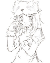 Rule 34 | 1girl, 2000s (style), bad id, blush, dress, greyscale, juliet sleeves, long hair, long sleeves, looking at viewer, monochrome, open mouth, priest (ragnarok online), puffy sleeves, raccoon hat, ragnarok online, simple background, sketch, smile, solo, twirling hair, upper body, yukitarou (awamori)