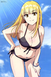 1girl absurdres armpit_crease artist_request ballpark_de_tsukamaete! bare_arms bare_legs bare_shoulders bikini black_bikini blonde_hair blue_sky blunt_bangs bracelet breasts cleavage closed_mouth cloud cloudy_sky collarbone copyright_name copyright_notice day ear_piercing earclip earrings fang female_focus front-tie_bikini_top front-tie_top gyaru halterneck hand_on_own_hip hand_on_own_thigh highres jewelry large_breasts leaning_forward light_rays long_hair looking_at_viewer magazine_scan matching_hair/eyes megami_magazine navel navel_piercing official_art outdoors piercing ruriko_(ballpark_de_tsukamaete!) scan shade shiny_skin side-tie_bikini_bottom sidelocks sky smile solo stomach stud_earrings sunbeam sunlight swimsuit yellow_eyes
