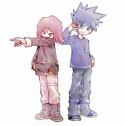 2boys blue_oak boots closed_mouth commentary hand_on_own_hip highres holding holding_poke_ball jacket jewelry long_sleeves male_focus multiple_boys necklace nintendo open_mouth pants pants_tucked_in poke_ball poke_ball_(basic) pokemon pokemon_gsc red_hair salute shirt short_hair silver_(pokemon) simple_background smile spiked_hair standing tan_carbonnn two-finger_salute white_background