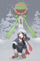 1girl akari_(pokemon) alpha_pokemon black_hair black_pantyhose black_shirt brown_footwear conifer eyelashes gardevoir gen_3_pokemon glowing glowing_eyes grey_eyes grey_jacket grey_skirt grin head_rest headscarf highres hisuian_poke_ball jacket long_hair looking_at_viewer loose_socks milka_(milk4ppl) nintendo outdoors pantyhose poke_ball pokemon pokemon_(creature) pokemon_legends:_arceus ponytail red_eyes red_scarf scarf shirt shoes sidelocks skirt sky smile snow snowing socks spread_legs squatting tree white_headscarf white_headwear