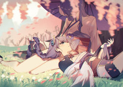 2girls bare_legs black_panties blue_sky blunt_bangs blurry blurry_foreground blush braid breasts bridal_gauntlets cherry_blossoms cleavage clothing_cutout cloud cloudy_sky commentary crying crying_with_eyes_open depth_of_field english_commentary faceless faceless_female falling_petals flower from_side genshin_impact grass hair_ornament hand_in_another&#039;s_hair hand_up highres holding holding_umbrella japanese_clothes kimono knees_up large_breasts leaning_back light_blush light_particles long_braid long_hair long_sleeves looking_up lying lying_on_person makoto_(genshin_impact) milkurew mole mole_under_eye multiple_girls neck_ribbon off_shoulder oil-paper_umbrella on_back on_grass outdoors panties parted_lips petals pink_petals purple_eyes purple_hair purple_kimono raiden_shogun red_ribbon red_sash ribbon sash shade shoulder_cutout siblings single_braid sisters sitting sky sunlight tearing_up tears thighs tree twins umbrella underwear wide_hips wind wisteria