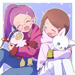 2girls 3567days blue_background blue_pants blush border brown_hair character_doll closed_eyes denim digimon digimon_adventure_02 doll hawkmon hood hoodie inoue_miyako multiple_girls open_mouth pants pink_hoodie purple_hair purple_hoodie simple_background smile stuffed_animal stuffed_bird stuffed_cat stuffed_toy tailmon white_border white_pants yagami_hikari